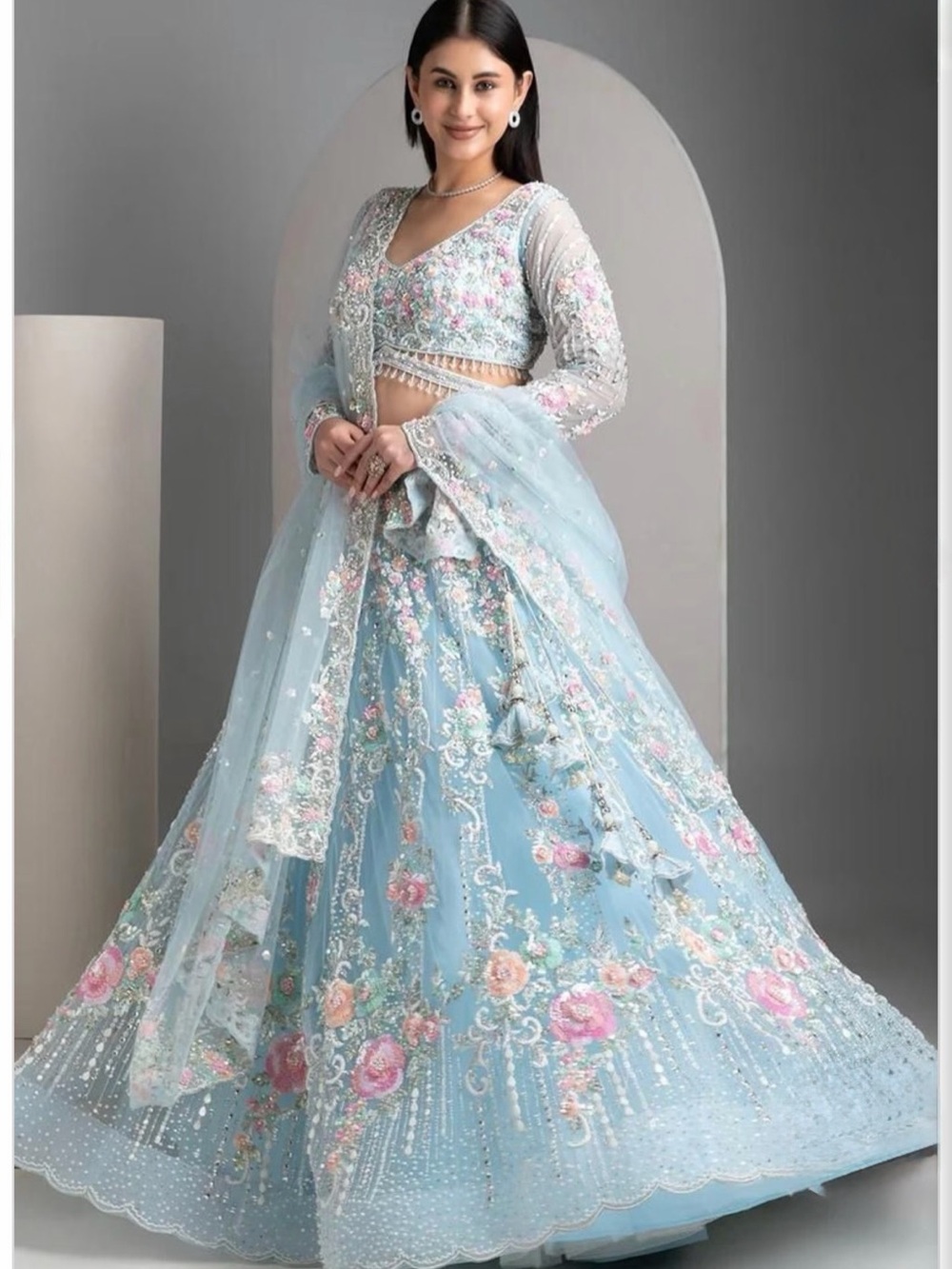 Elegant Pastel Blue Embroidered Long Sleeve Lehenga Dress